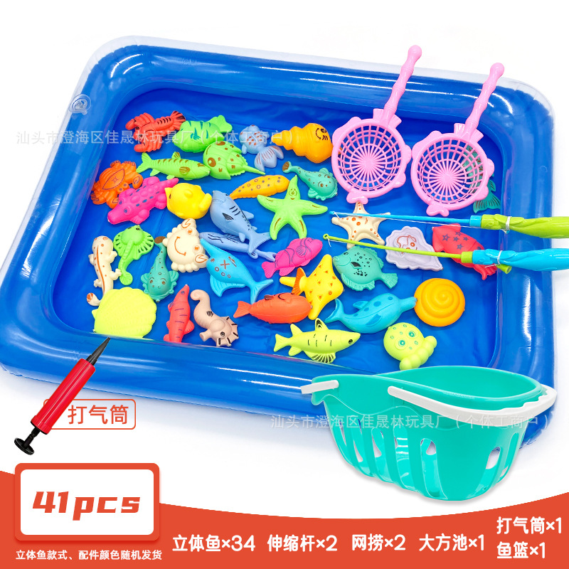 41종 세트 (물고기 34개 + 막대 2개 + 낚시 2개 + 대형 풀 1개 + 펌프 1개 + 바구니 1개)