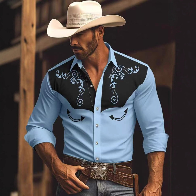 Cross-Border Western Party Four-Way Stretch Denim Men's Shirt Spring and Autumn Aztec Print Men's Long Sleeve Shirt