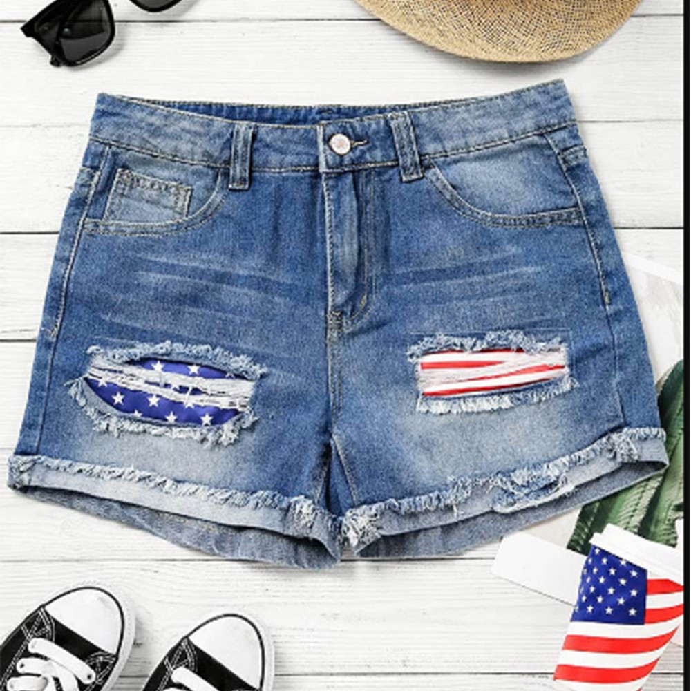 Frau Lässig Täglich Einfacher Stil Amerikanische Flagge Kurze Hose Drucken Jeans display picture 2