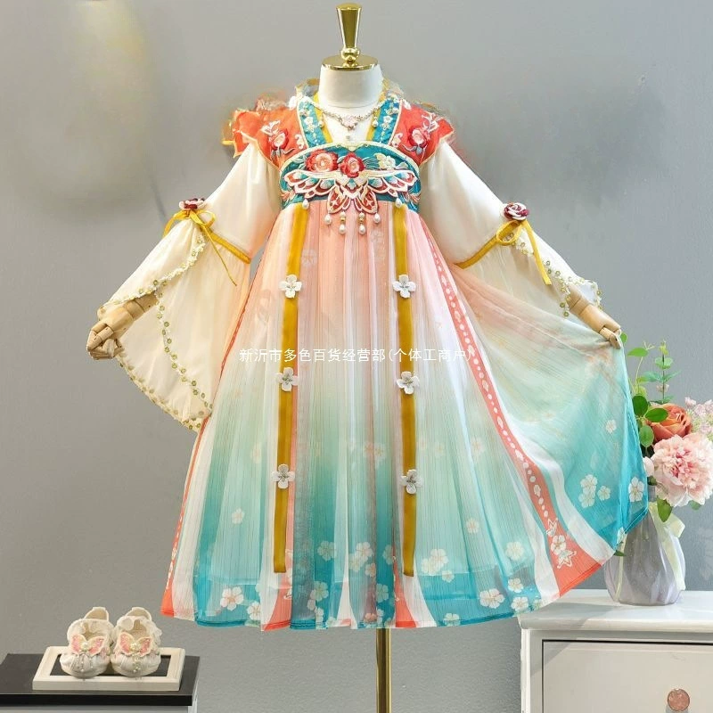 Детское весенне-летнее платье Hanfu в китайском стиле с цветочной вышивкой и принтом, шифоновое платье длиной до груди для маленьких девочек, оптовая продажа