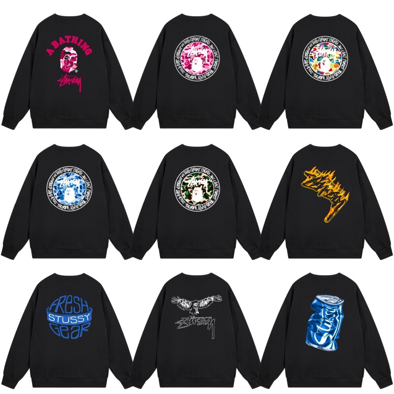 Cross-Border Stussy American-Style Sweatshirt for Men and Women, Classic Style, Black 8 Print, Trendy Brand, Crewneck Jacket