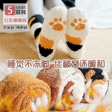 珊瑚绒袜子男女情侣秋冬季加绒加厚猫爪袜保暖睡眠袜地板袜月子袜