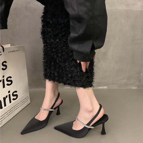 Stunning sandals with skirt, black high heels, evening rhinestone women's shoes,  spring French Mary Jane shoes