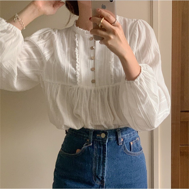 Korean Spring Age-Reducing Retro Gentle and Sweet Little Lady Pleated Lace Buttoned Pure Lust Round Neck Shirt