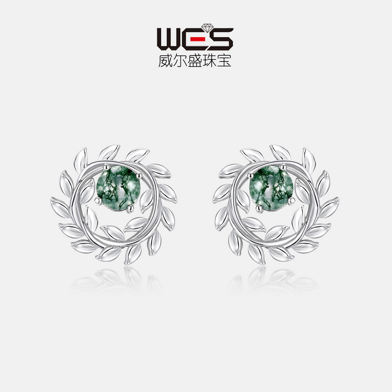 Nuevo diseño de bobinado transfronterizo Pendientes de moda de rama de olivo Pendientes S925 Pendientes de ágata de agua natural de plata Personalización