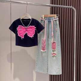 女童牛仔裤夏季套装2024新款中大童时髦破洞牛仔裤儿童洋气T夏装9