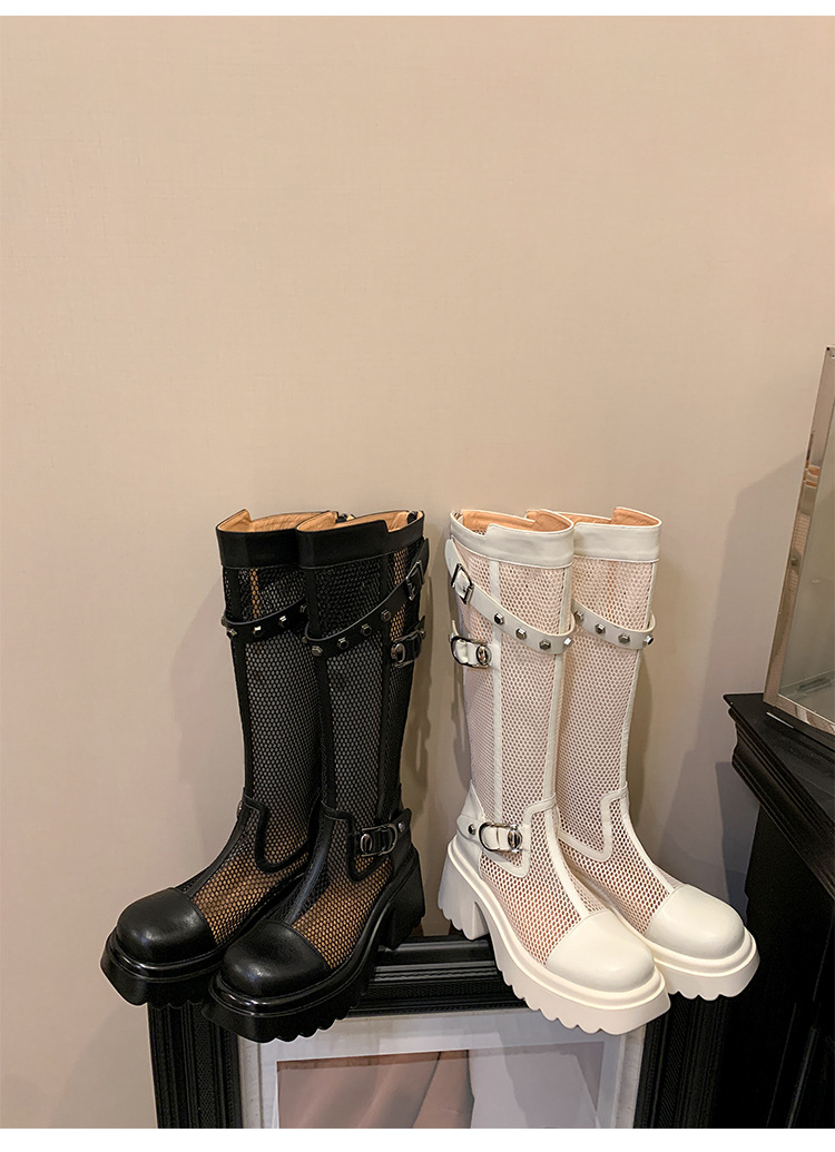 Boot nữ cổ cao lưới xuyên thấu đinh tán đế dày da thật — Ống rộng trắng kem, Ống rộng đen, Ống tiêu chuẩn trắng kem, Ống tiêu chuẩn đen chi tiết 28