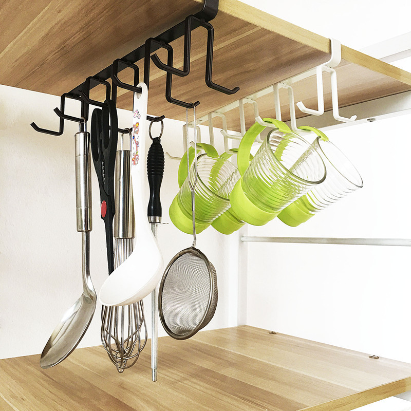 Kitchen double-row hook rack cabinet hanging seamless nail-free iron utensil wardrobe storage rack shelf organizer