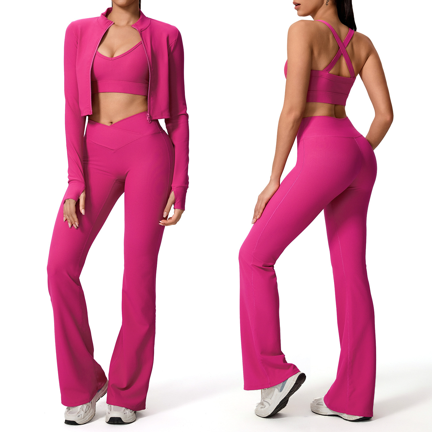 Europa y América sexy cruzada belleza de espalda deportiva al aire libre chaqueta con cremallera piernas anchas cintura alta y largo conjunto de pantalones de calzado 7005