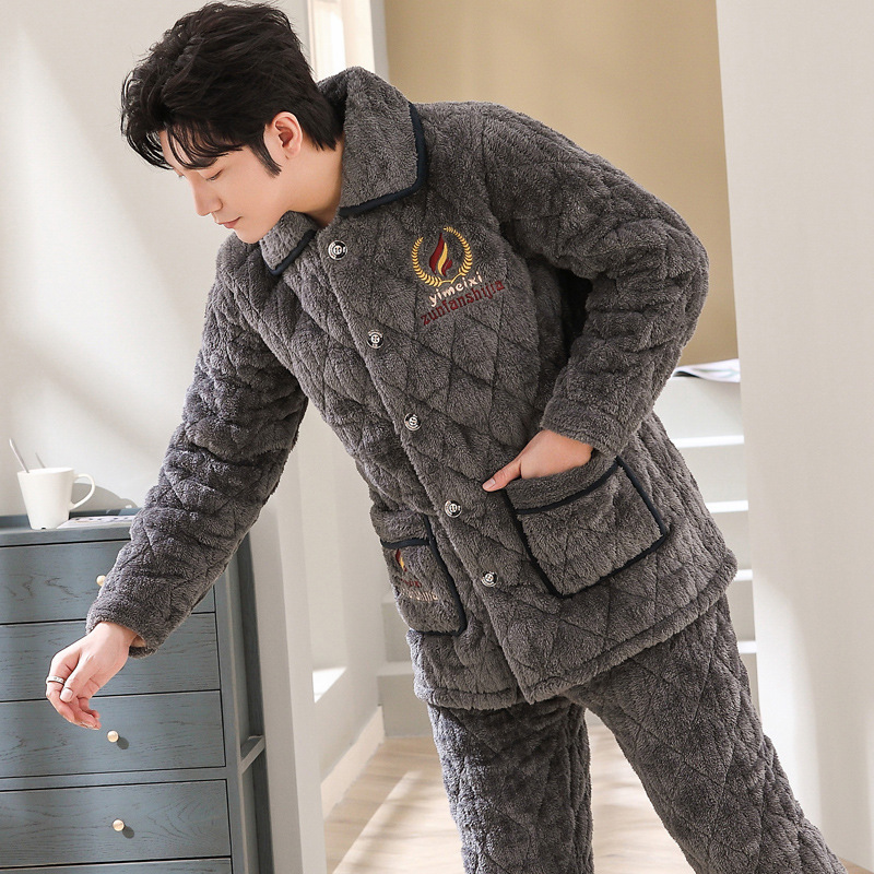 Men's Pajamas Winter Coral Velvet Three-Layer Quilted Thickeneded Fleece-Lined Autumn and Winter Warm Flannel Home Wear Set