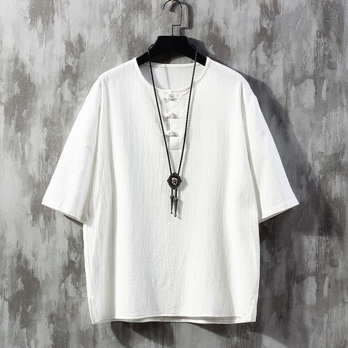 Chinese-style linen T-shirt for men, short-sleeve summer loose thin T-shirt, ancient cotton linen button-down T-shirt, trendy brand Tang suit.
