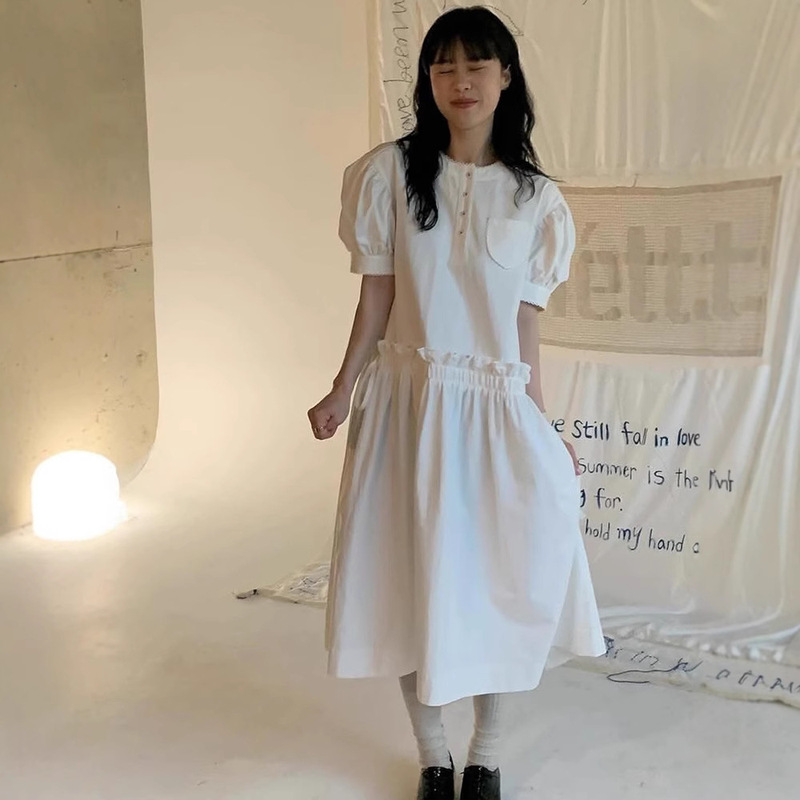Spot White Loose Puff Sleeve Dress 2025 Summer Women's Floral Waist Slimming Look A-Line Skirt Fill*A