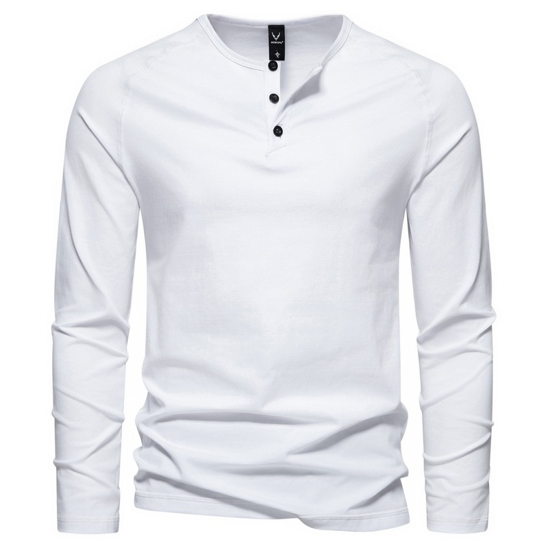 Autumn and Winter new men's T-shirt Amazon American retro button Henry collar solid color men's long-sleeved T-shirt bottoming shirt Autumn and Winter new men's T-shirt Amazon American retro button Henry collar solid color men's long-sleeved T-shirt bottoming shirt