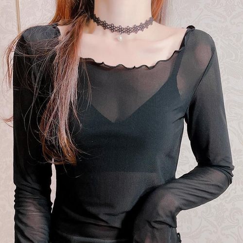 Women's Long Sleeve Autumn Thin Knit Lace Blouse with Round Neck, Close-Fitting Top with Edible Fungus Edge Mesh Grounding Shirt
