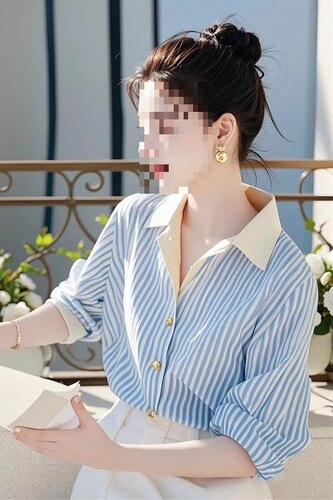 Stylish Blue Striped Long-Sleeve Women's Shirt for Early Autumn, New Arrival, Pretty Professional Top