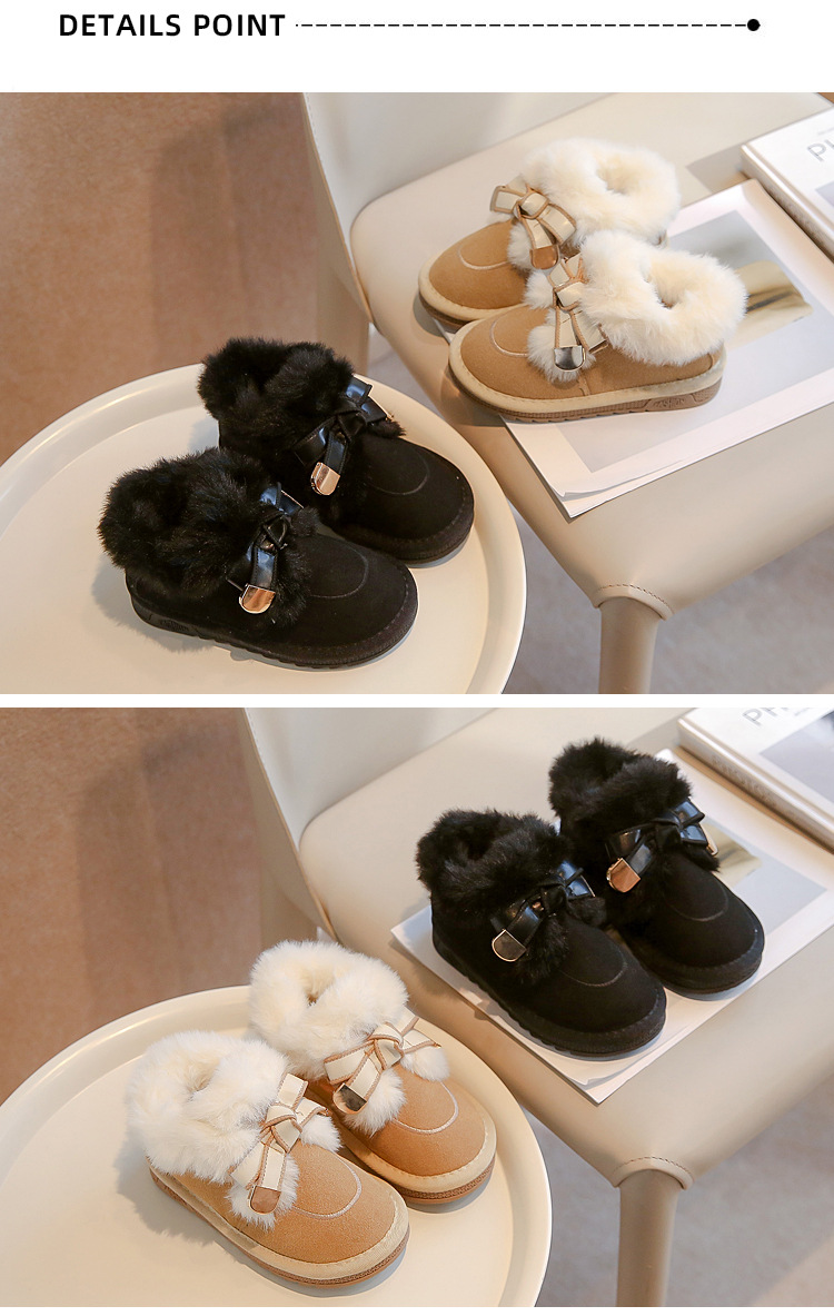 Schneestiefel Winter 2024, neuer Stil, weiche Unterseite mit verdickter Schleife, vielseitig einsetzbar, mittelgroße Baumwolle für Kinder und Mädchen_voghion.com