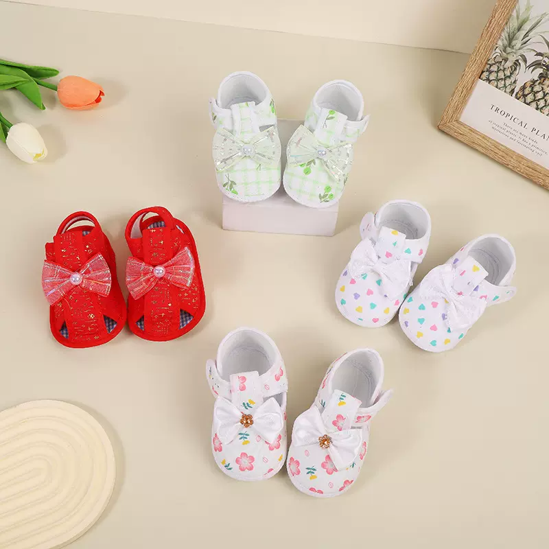 跨境宝宝鞋软底小碎花魔术贴学步婴儿鞋蝴蝶结防滑布底单鞋步前鞋