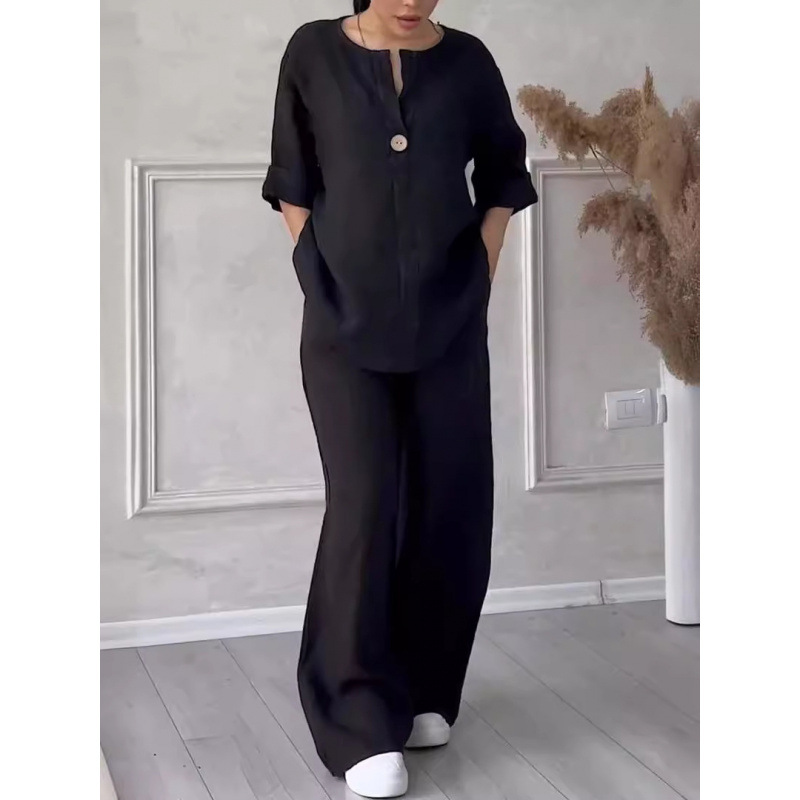 Women's Fashion Wide Leg Pants Set Casual Retro Style Full Length Polyester Spring/Autumn Wear_voghion.com