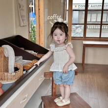 Cutemily夏款打揽紧身衬衫碎花可爱清凉荷叶领娃娃吊带背心衬衫