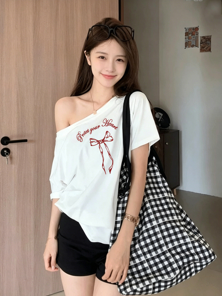 Korean-Style Ins Bowknot Design White Off-Shoulder Short-Sleeve T-Shirt Women's Summer New Casual Loose Top