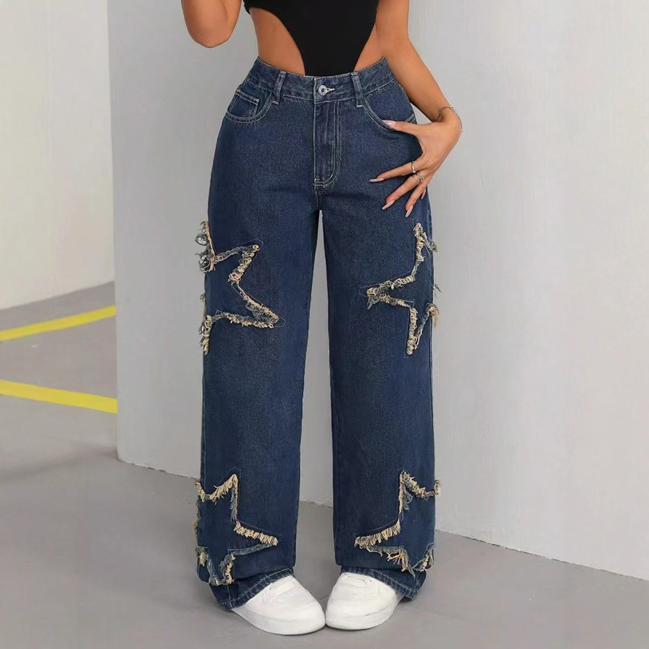 Jeans Rectos para Mujer de Algodón y Poliéster, Cintura Alta, Borde Deshilachado, para Uso Casual