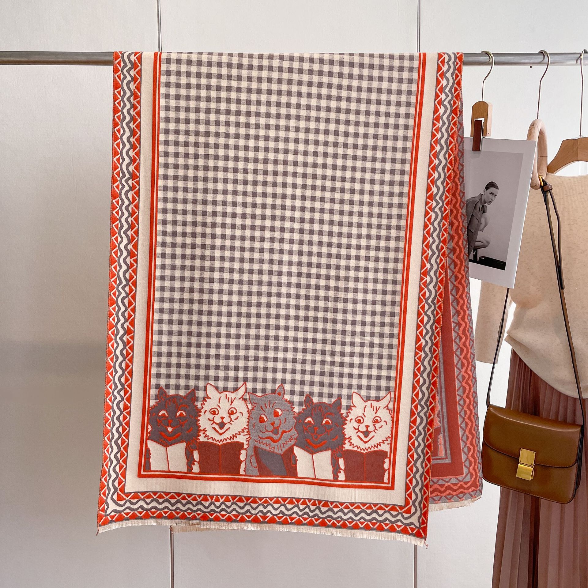2023 nuevo estilo coreano versátil bufanda engrosada chal otoño e invierno cálido cachemir-como plaid gatito impreso bufanda para mujeres