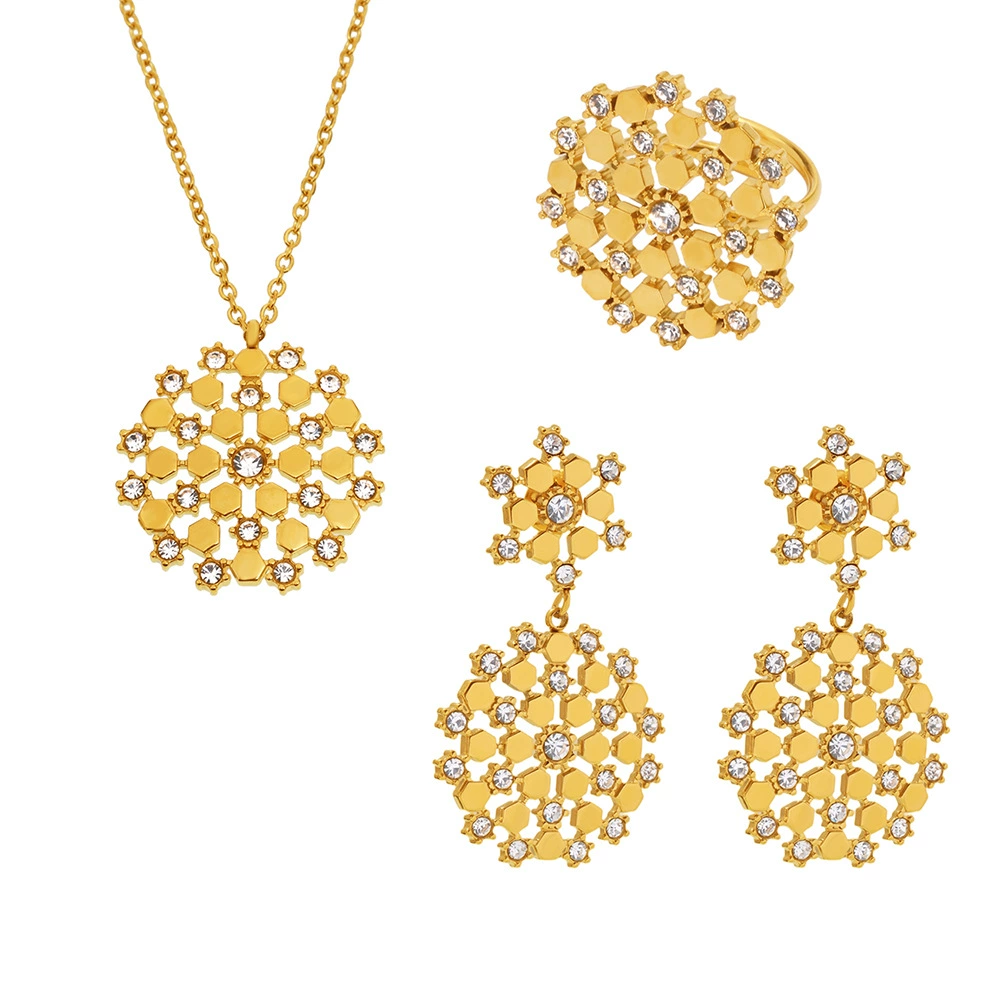 Import earrings stainless steel, ring, necklace, chain, set, with snowflakes, 18 carat, golden color