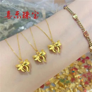 Gold bow pendant pure gold 999 bow set chain female clavicle chain princess bow gift for girlfriend