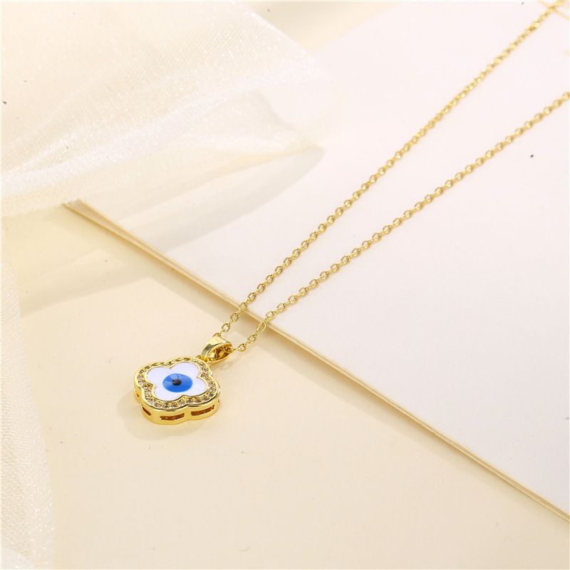 Set Zirkon Nazar Kolye Dört Yapraklı Çimen Gözü Kolye Kadın Bilgelik Gözü Elmaslı Damla Yağ Yaka Zinciri_voghion.com