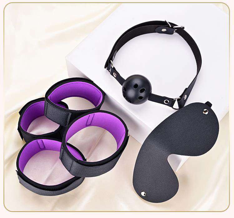 Purple Bondage Set with Handcuffs, Nipple Clamps, Ball Gag, Blindfold and Whip — detail image 5