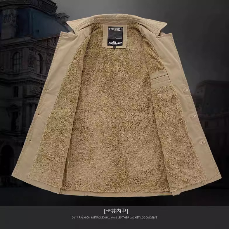 Gabardina para hombre, estilo transfronterizo, forrada de lana y gruesa, corte ajustado, chaqueta de longitud media para otoño e invierno, estilo casual, retro, para comercio exterior.