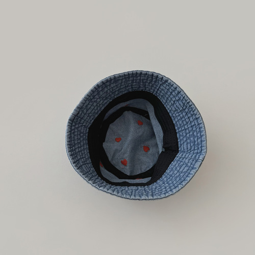 Qiu Nan Korean Children's Fisherman Hat Spring/Summer 2024 New Ins Heart-Shaped Design Girls' Sun Hat Denim Cap