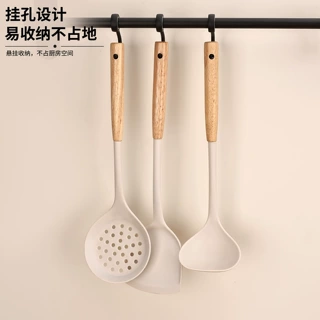 耐高温硅胶锅铲套装厨用锅铲漏勺汤勺木柄三件套厂家批发厨房套件