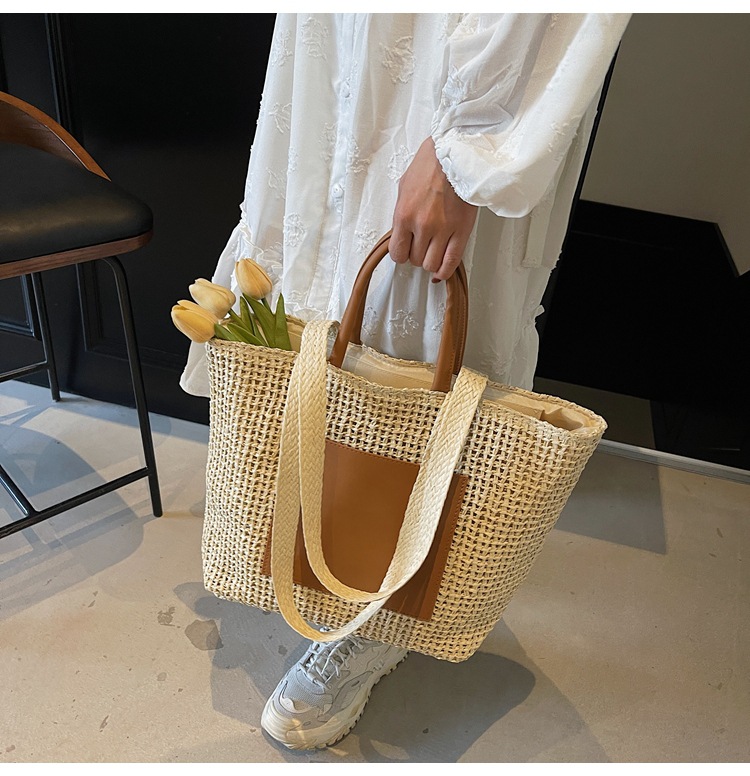 Large Woven Beach Tote Bag For Women Stylish Hollow Out Handbag_voghion.com