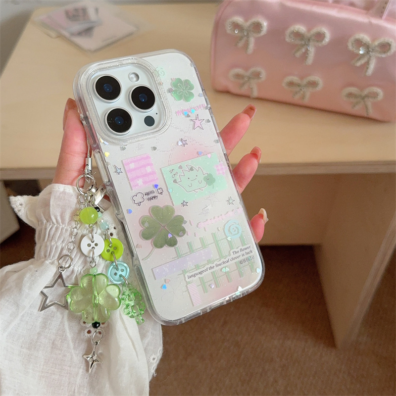 ラブグリッター四つ葉のクローバーステッカー iPhone15promax Apple 16 ラウンドエッジ携帯電話ケース 13 漫画 14 に適しています|undefined