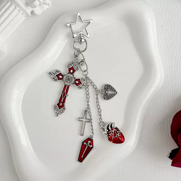 Vintage Gothic Cross Pendant with Red Heart-Shaped Punk Keychain Cross Accessory Hanging Chain