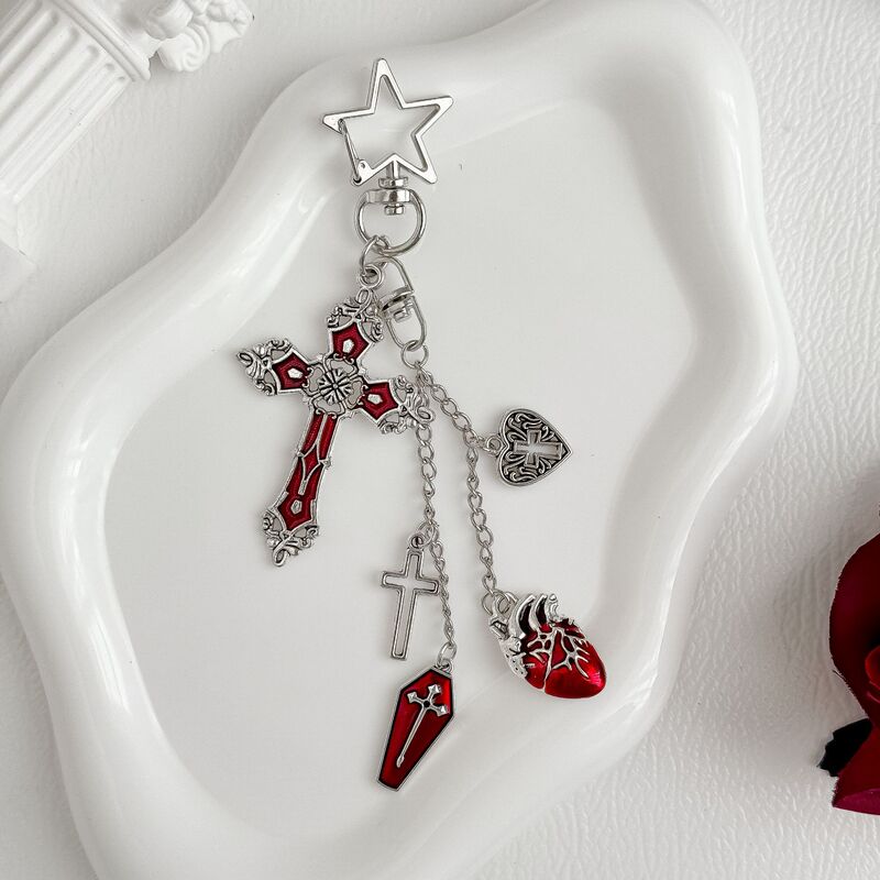 Vintage Gothic Cross Pendant with Red Heart-Shaped Punk Keychain Cross Accessory Hanging Chain Vintage Gothic Cross Pendant with Red Heart-Shaped Punk Keychain Cross Accessory Hanging Chain