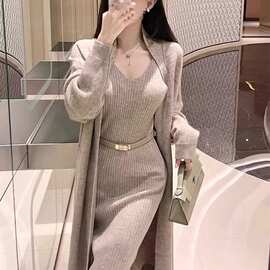 软糯毛衣时尚套装女中长款秋冬新款气质针织开衫吊带背心两件套潮
