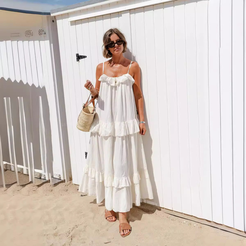 2024 Summer European and American New Resort Style Ruffled Long Dress Large Swing Elegant Beach Dress for Women 2024 Summer European and American New Resort Style Ruffled Long Dress Large Swing Elegant Beach Dress for Women