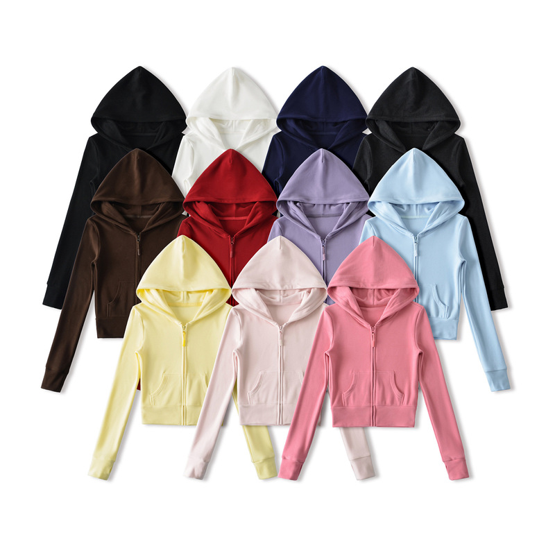 Spring and Autumn New American-Style High-Waisted Short Double-Zip Hooded Jacket for Women, Slim-Fit Thermal Sweatshirt Spring and Autumn New American-Style High-Waisted Short Double-Zip Hooded Jacket for Women, Slim-Fit Thermal Sweatshirt