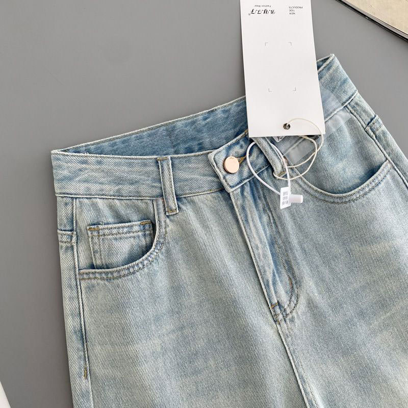 New pink leather brand jeans for women, summer and autumn, high-waisted, petite, loose and versatile, wide-leg casual straight floor-length pants pic 9