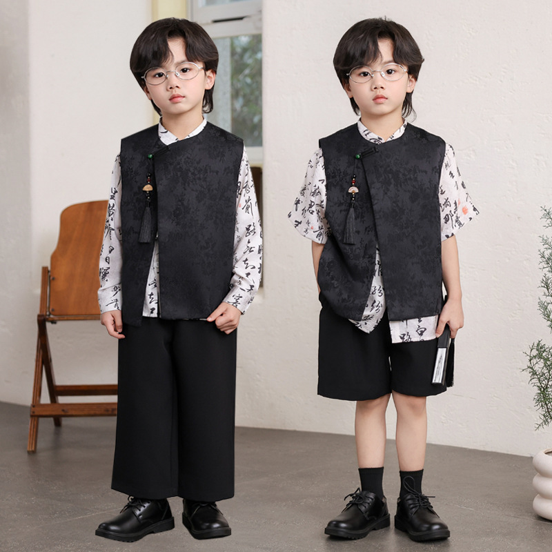 Boys' New Chinese-style Hanfu Spring, Summer and Autumn National Style Trendy Jacquard Vest suit Children's Host Show Performance Clothing