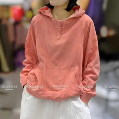 Ed7386二重綿麻砂洗フード付きファッションカジュアル長袖tシャツ春新商品純色シャツ