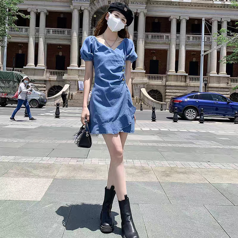 Age-reducing Elegant French Style Ruffled Denim dress Women's Summer plus size chubby girl Fishtail Skirt Waisted Slim-fit Skirt Age-reducing Elegant French Style Ruffled Denim dress Women's Summer plus size chubby girl Fishtail Skirt Waisted Slim-fit Skirt