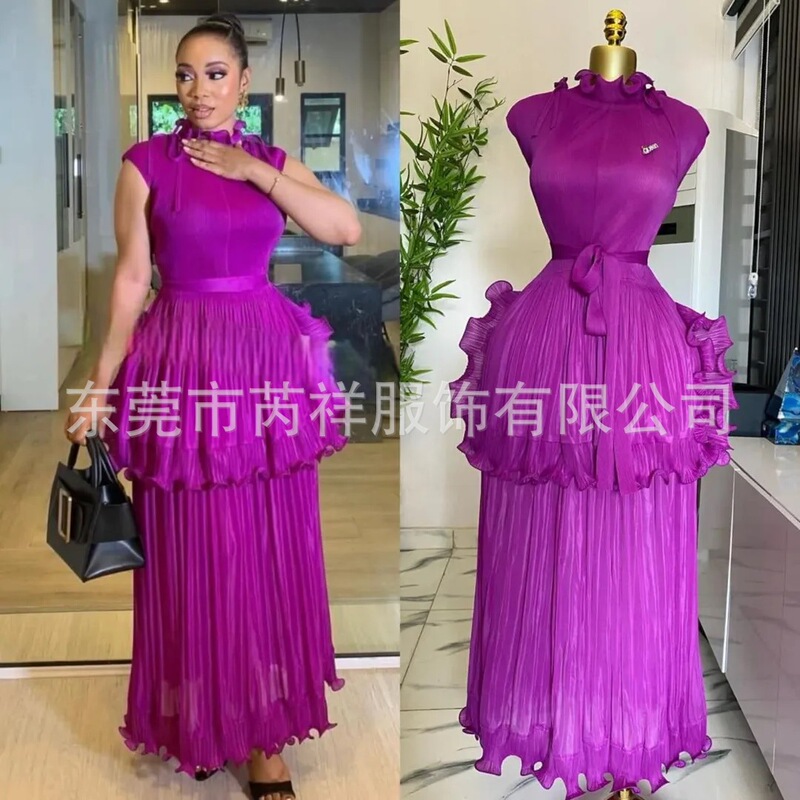 Miyaki Pleated Solid Color Fish Silk Thread Ruffle Dress Cross-Border Dres Mature Style Bodycon Dress