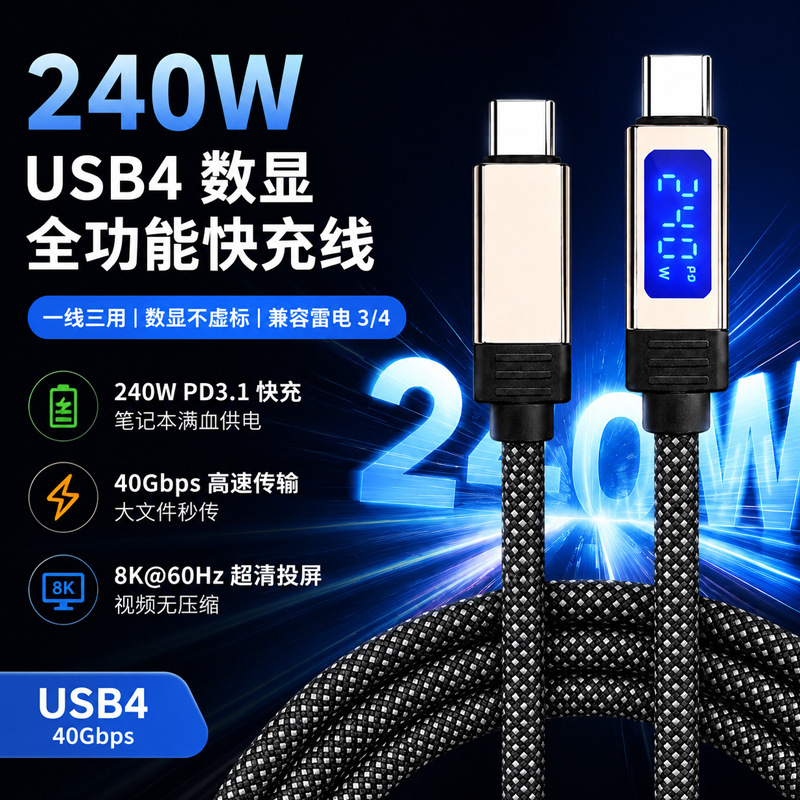 Digital Display Usb4 Thunderbolt 4 Dual-Head Type-C Male-To-Male Usbc Full-Function 40Gbps Transmission Pd240W