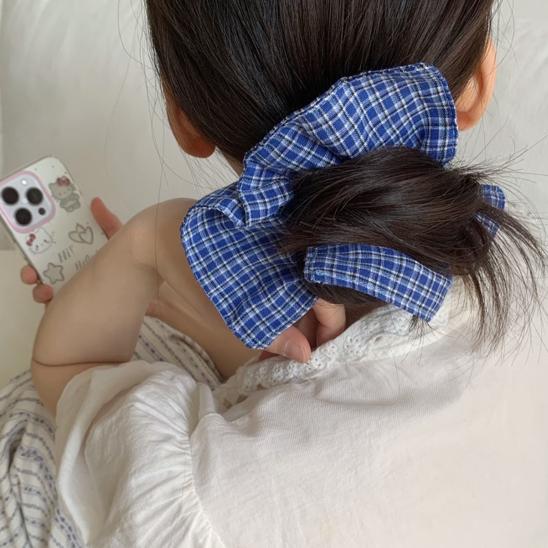 韩系蓝色格纹方巾大肠发圈2025新款女高级感时尚扎低丸子大号发饰|undefined