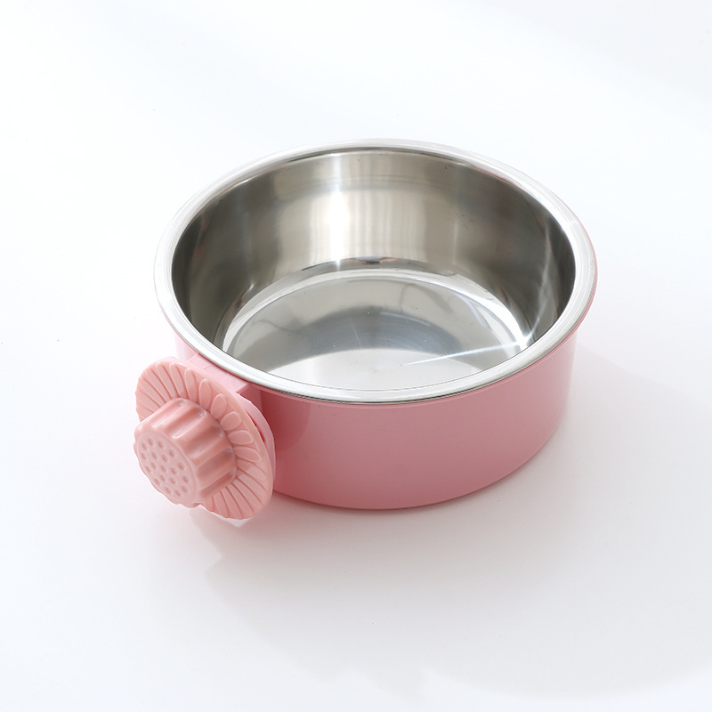 En stock al por mayor anti-golpe fijo colgante perro tazón de acero inoxidable bebedero para jaula de perro dos en uno Pet Bowl