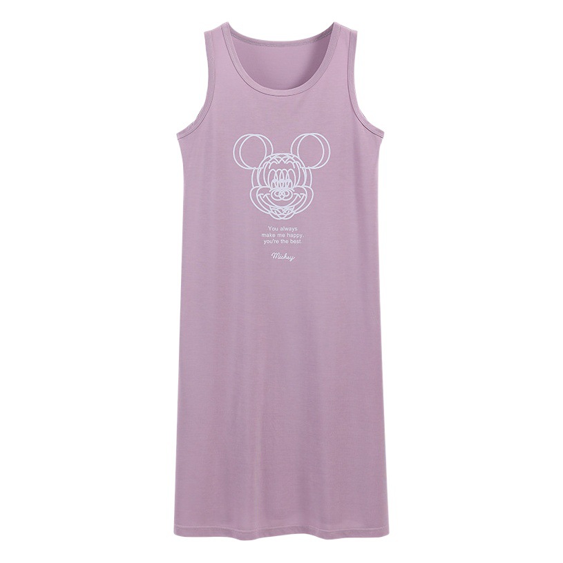 Camisón de verano de las mujeres modal al aire libre Correa chaleco vestido con almohadilla en el pecho pijamas de dibujos animados más tamaño medio-longitud homewear