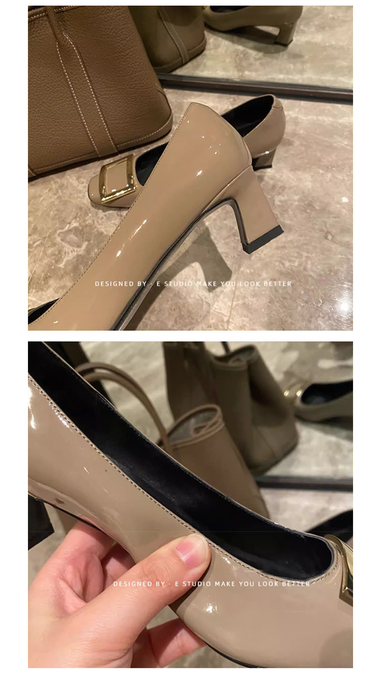 Spring And Autumn High-End R Square Buckle Single Thick High Heels Women's Thin Heel French Style Stunning Flat Uniform_vogvips.com